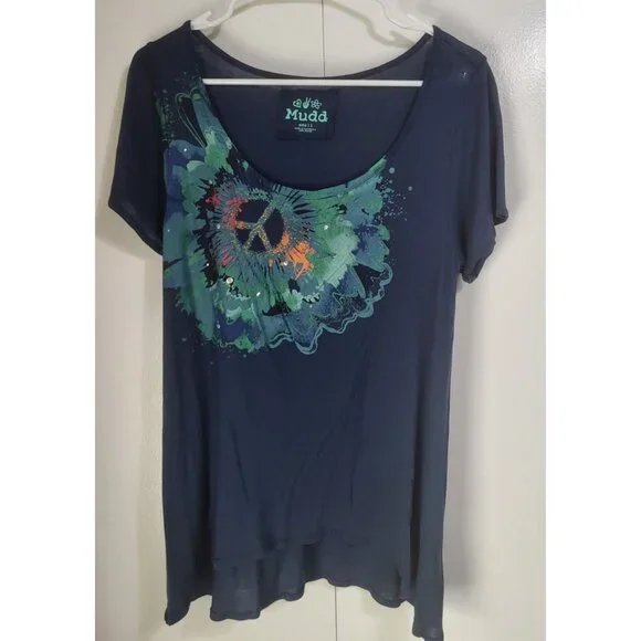 MUDD Women's Small Navy Blue Graphic T Shirt Lightweight Thin Peace y2k - Picture 2 of 9